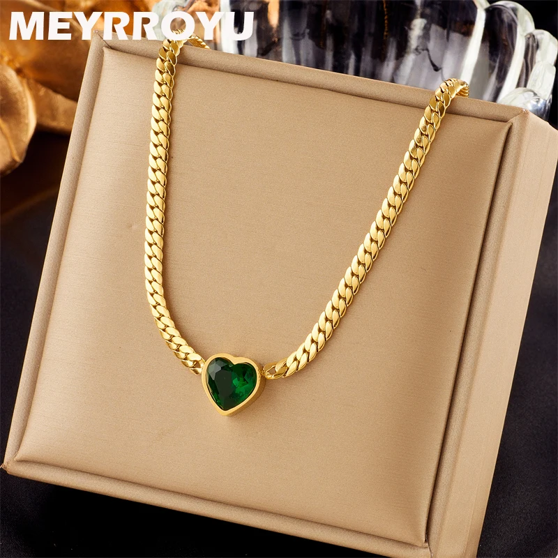 MEYRROYU 316L Stainless Steel Simple Necklace Green White Zircon Pendant Collar For Women Jewelry Collier Acero Inoxidable Mujer