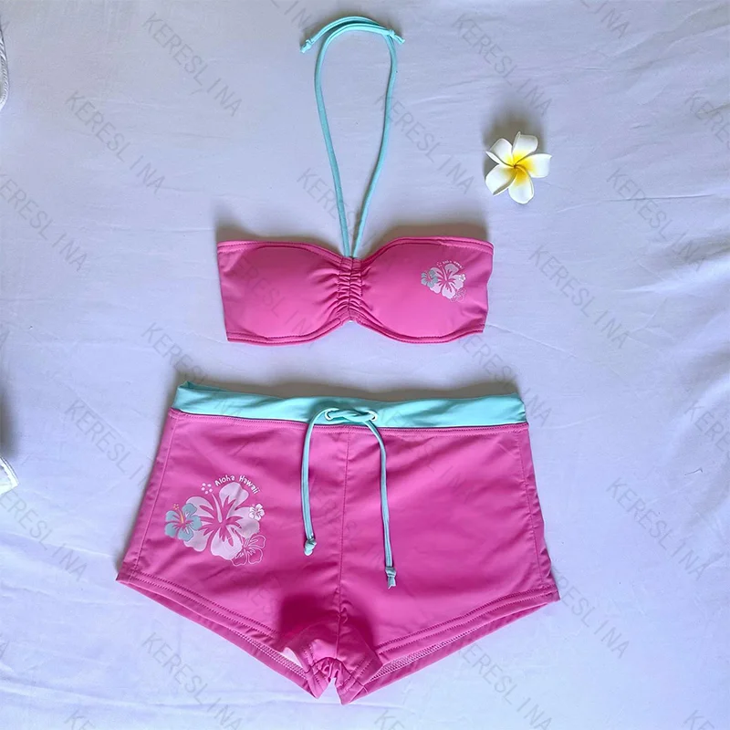 Y2k subculture retro millennium girls style hanging neck suspender bikini set summer beach kawaii classic comfortable bikini set