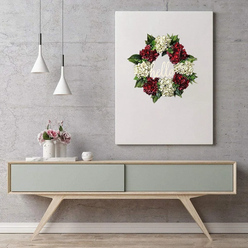 Corona para puerta delantera, corona de hortensia roja y blanca, corona hecha a mano, corona de Hello Farmhouse, primavera y verano