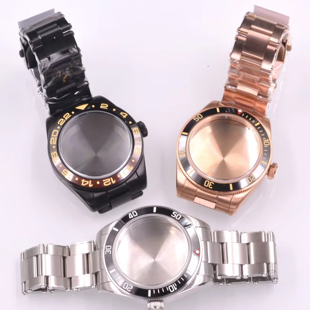 39mm Sapphire glass Watch Case Fit NH34 GMT NH35 NH36 PT500 ETA2824 Movement Sports Silver/ Rose Gold /Black