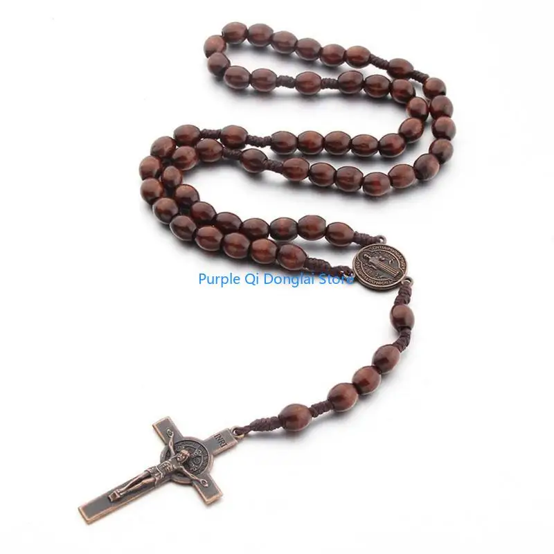 L21E Hand-knitted Crucifix Religious Weaving Rosary Catholic Rosary Pendant Christian Jesus Necklace Religious Jewelry for W