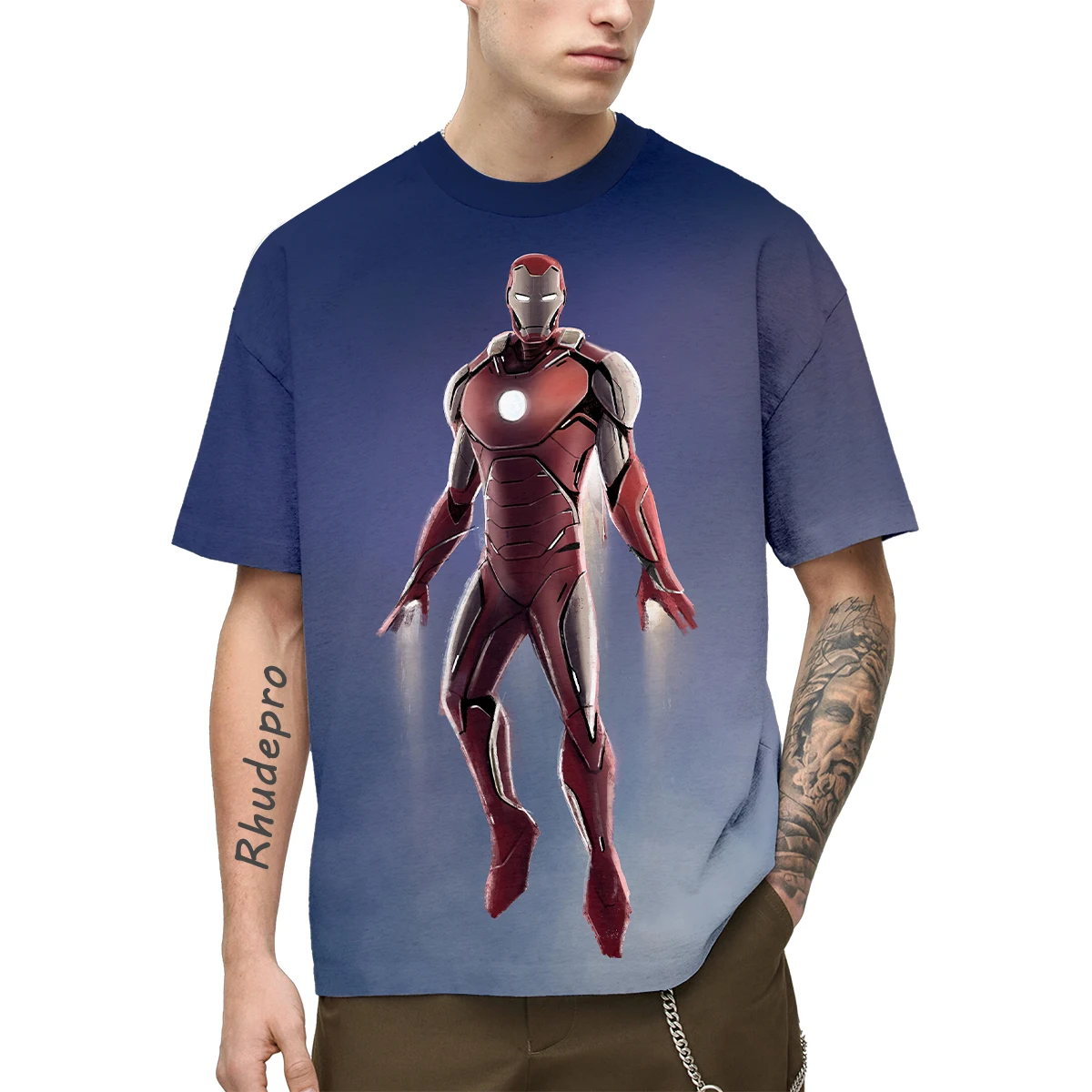 Miniso desenho animado masculino e feminino Anime Camisetas, Homem de Ferro Vingadores Streetwear estampado em 3D, moda casual, camisa extragrande para meninos e meninas, camiseta