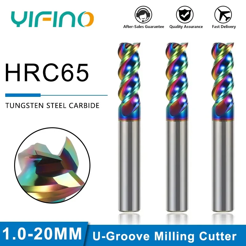 YIFINO HRC65 3-Flute Tungsten Steel Carbide DLC Coating U-Groove Milling Cutter For Aluminum CNC Machining Center End Mill Tools