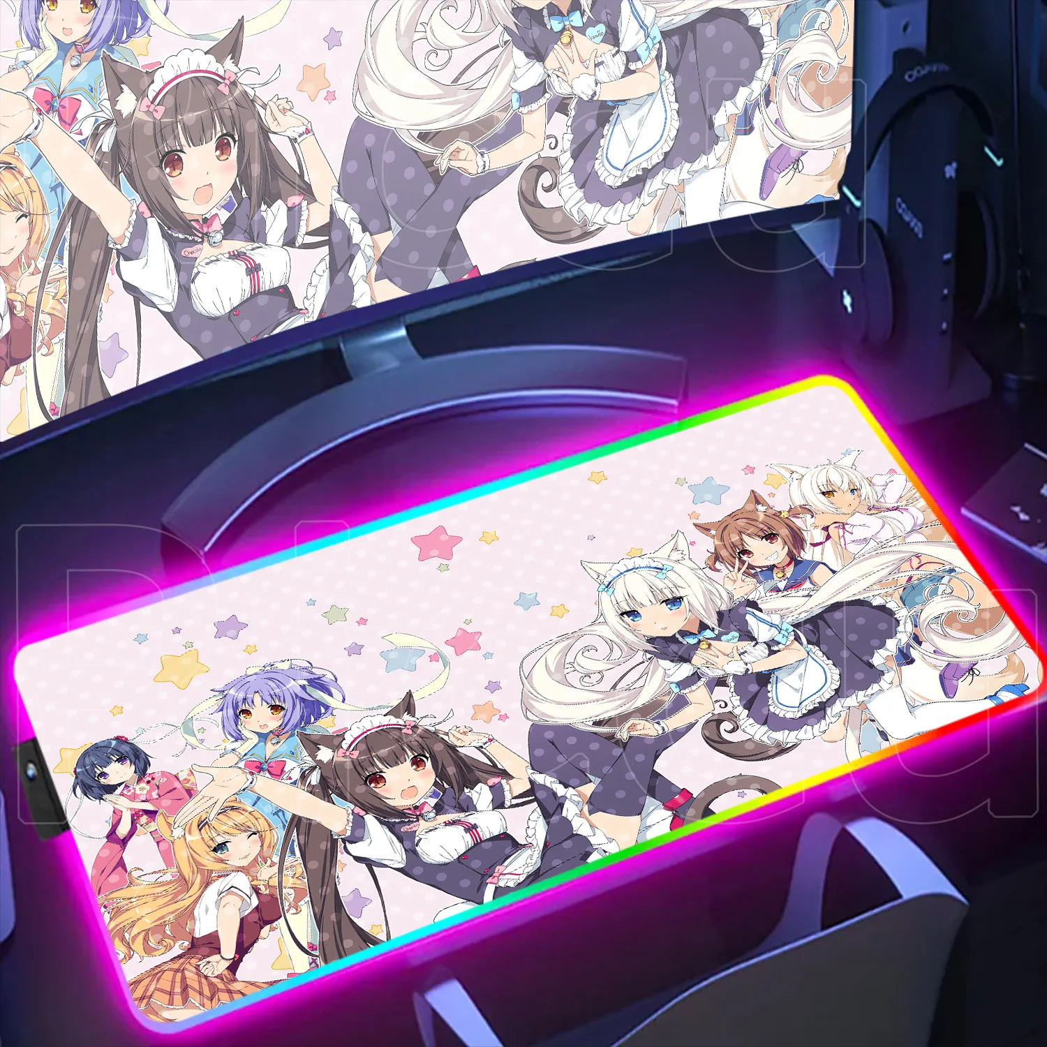 XXL RGB Glowing Deskmat Nekopara Mouse Pad Cute Anime Chocolate Vanilla Gaming Mousepad LED Backlit Rubber Non-slip Keyboard Rug