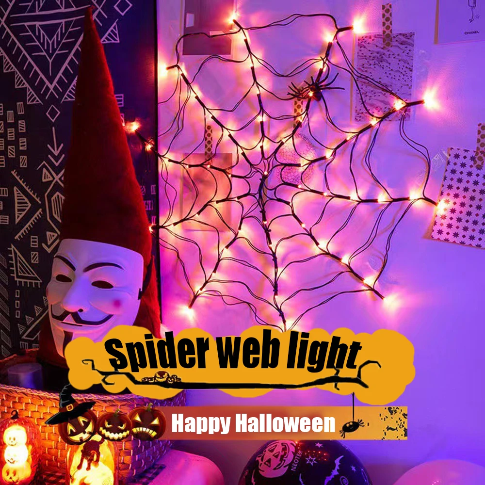 Nowy Halloween LED sztuczny pająk Web Light dekoracja wewnątrz i na zewnątrz atmosfera rekwizyty pilot USB lampka na baterię