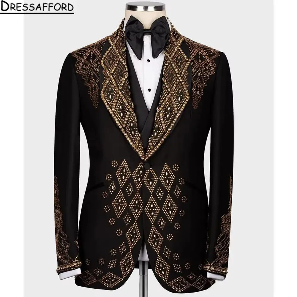 Black Men's Suits Fashion 2 Pieces Sets Groom Prom Blazers Gold Handmade Beaded Crystal Decoration Tuxedos Men