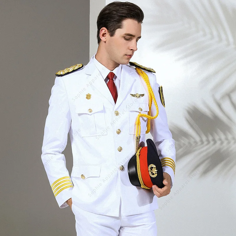 Security Guard Uniform White Men Property Concierge Jacket Pants Hat Ribbon Accessories Workwear Military Clothes US Navy Suit