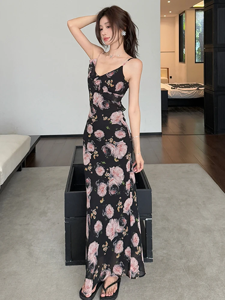 

Floral Ruffled Beach Women Dress Fashion Slim Patchwork High Waist Elegant Female Long Dress Sleeveless Camisole V Neck Dress