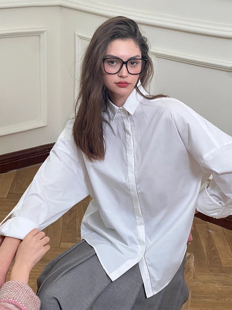 

White Long Sleeve Cotton Shirt Bone Feeling 60 Stitches the Vever Zhang Dayi Women's Loose Fit Breathable Comfortable Casual ...