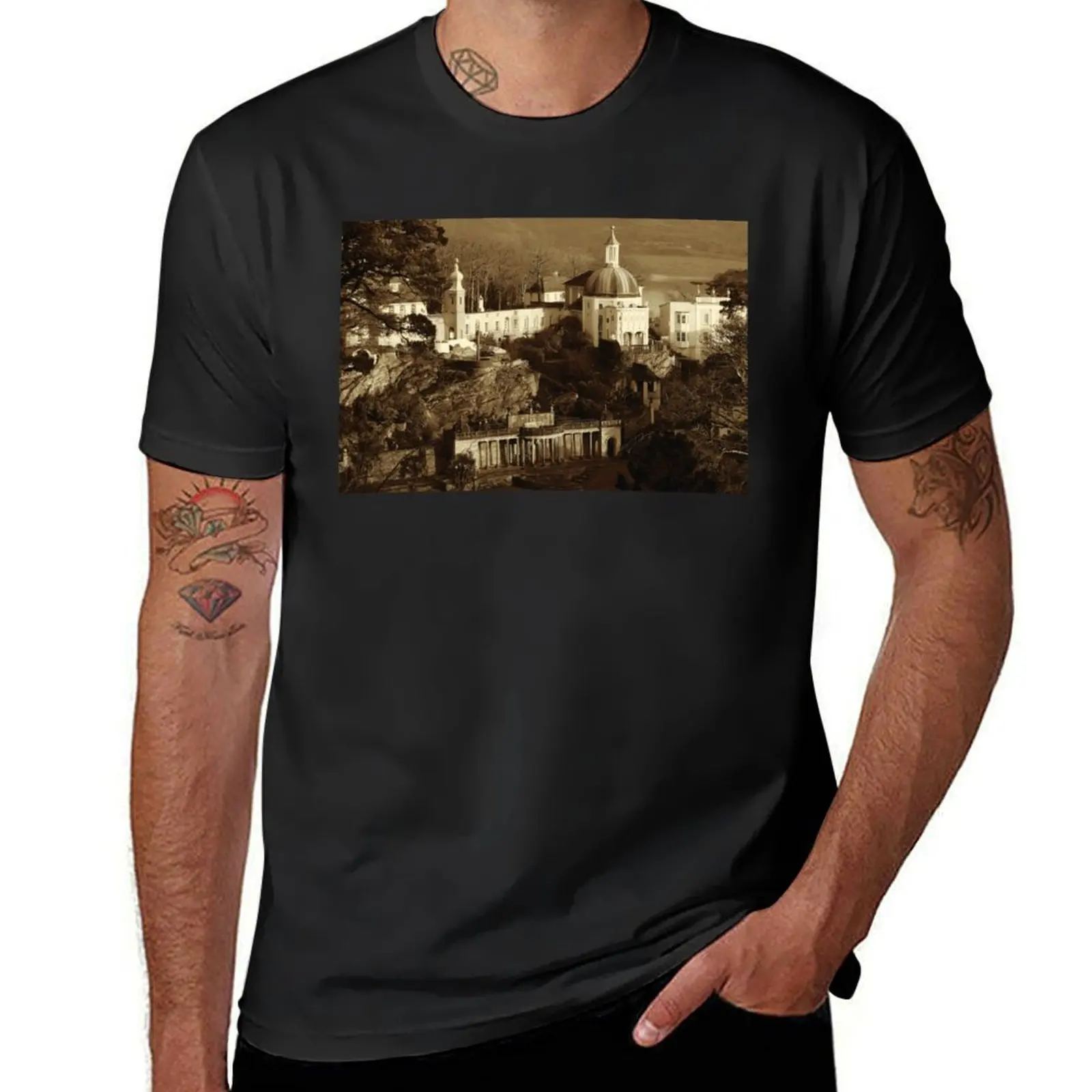 In The Village, Portmeirion 1, sepia T-Shirt kawaii clothes new edition sublime anime t shirts for men pack