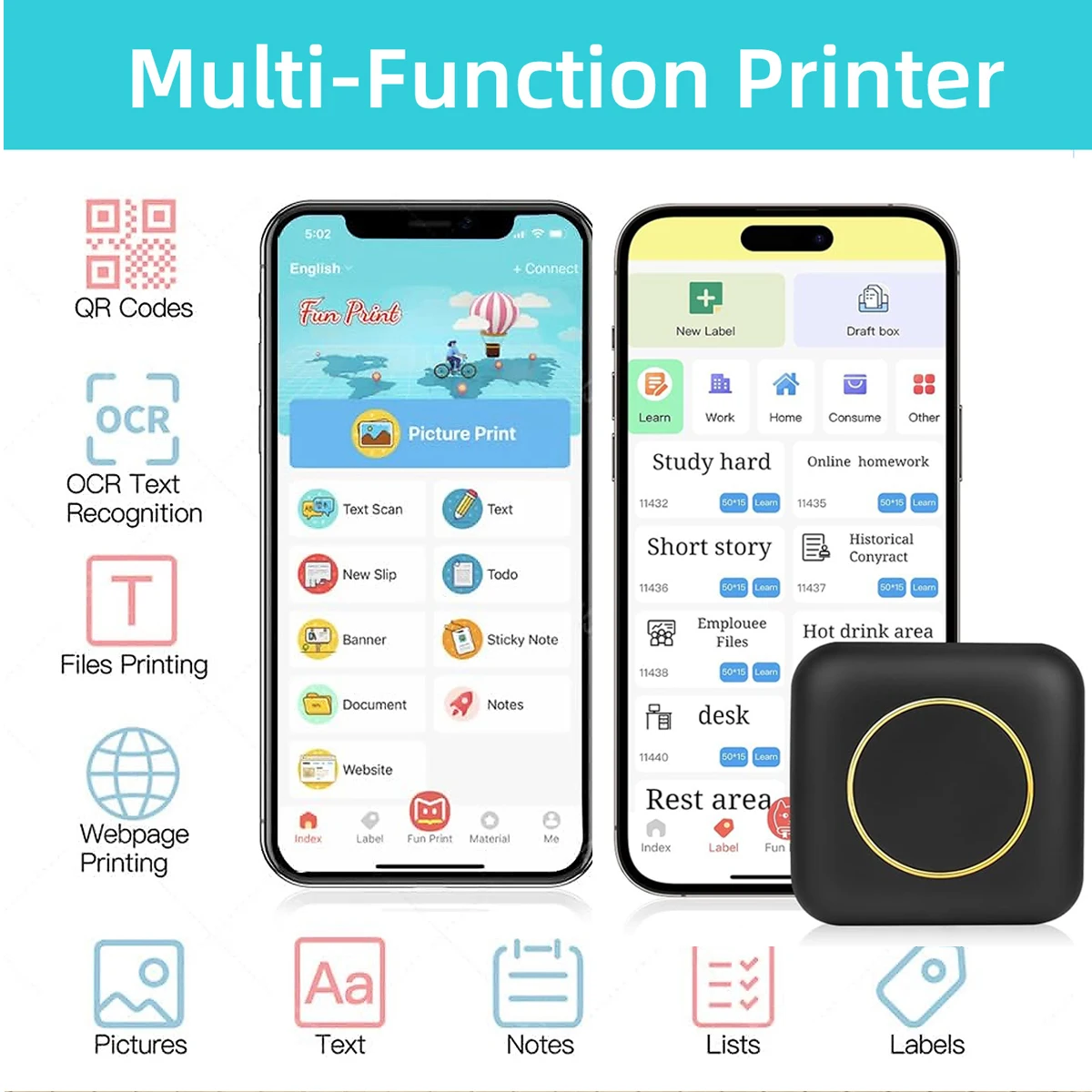 Mini impresora térmica portátil, máquina de impresión de pegatinas sin tinta, de bolsillo, de corte libre, con Bluetooth, para etiquetas