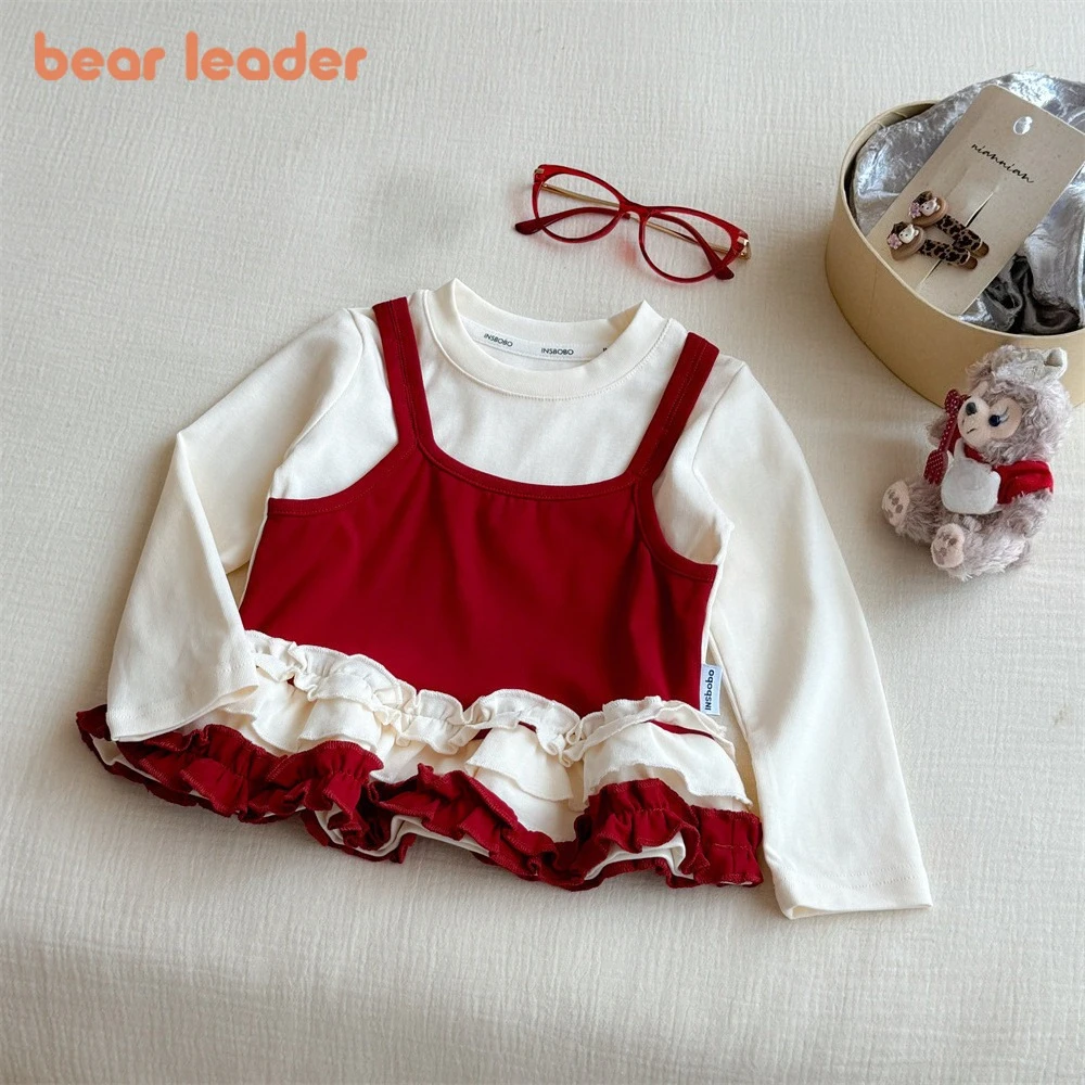 Bear Leader 2025 Autumn Cute baby Girls Clothes Top New Year Christmas Pleated False Two-piece Long Sleeves Kids Base T-shirt