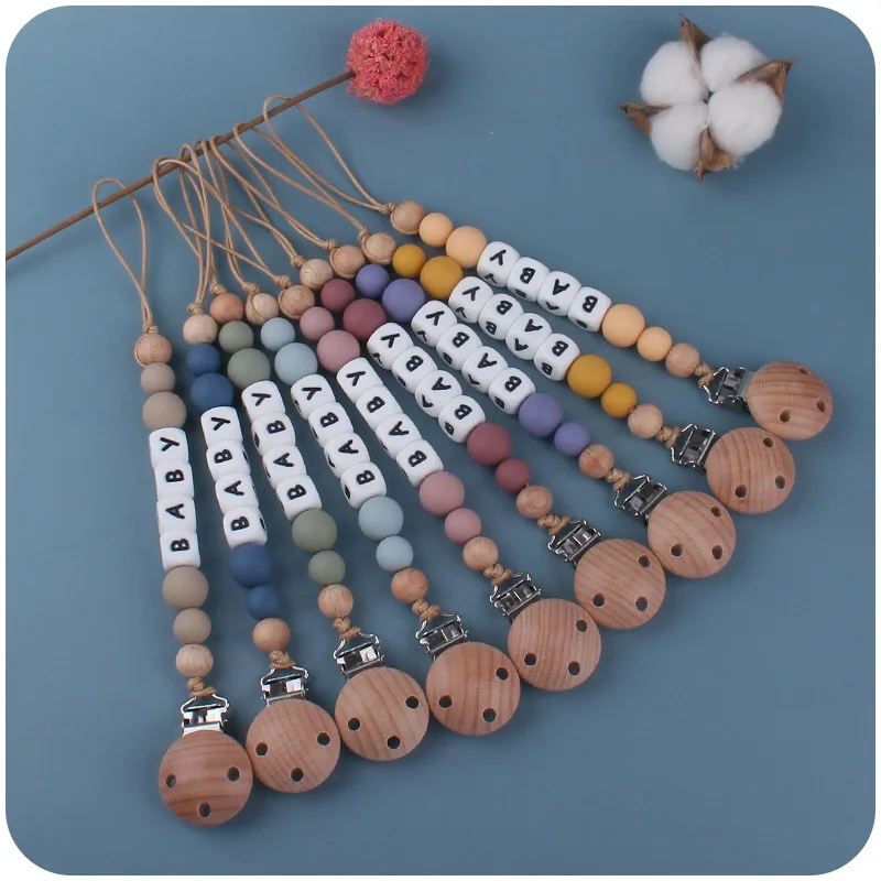 Custom Name Wooden Personalized Baby Pacifier Chain Silicone Bead Dummy Nipple Holder Guard Teether Pendant  Newborn Gift Stuff