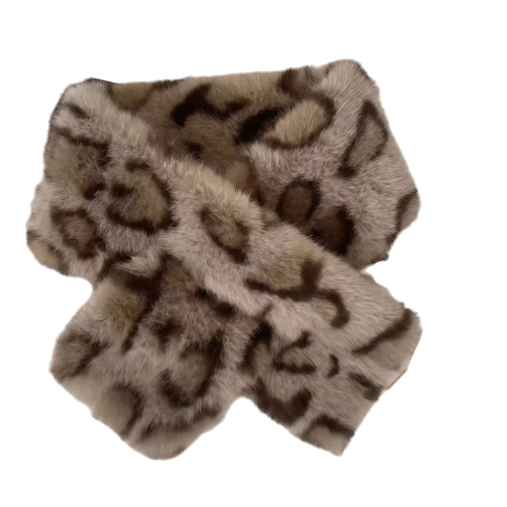 Vintage Thicken Faux Rabbit Fur Scarf Lightweight Plush Material Neck Wrap Warm Soft Leopard Print Neckerchief Ladies