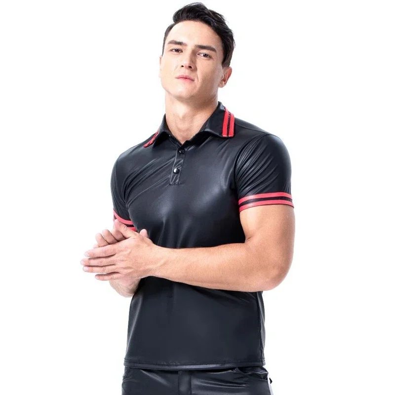 Fashion Mens PU Leather T Shirts Sexy Fitness Faux Leather Black Undershirts Sexy Gay Wear Hip Hop Men Casual Clothes