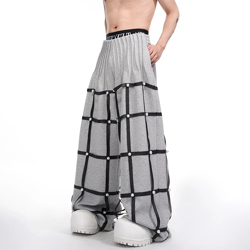 LUZHEN カジュアルオリジナルワイドプリーツデザインレッグレザーパッチワークトラウザーズメンズ2025新作無地ストリートストレートパンツJY4745