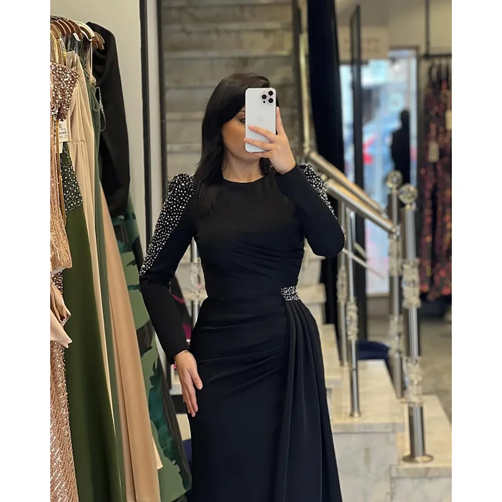 Vestido de noche Formal negro personalizado cuello redondo mangas largas rebordear Jersey vestidos de noche sirena hasta el suelo vestidos de fiesta