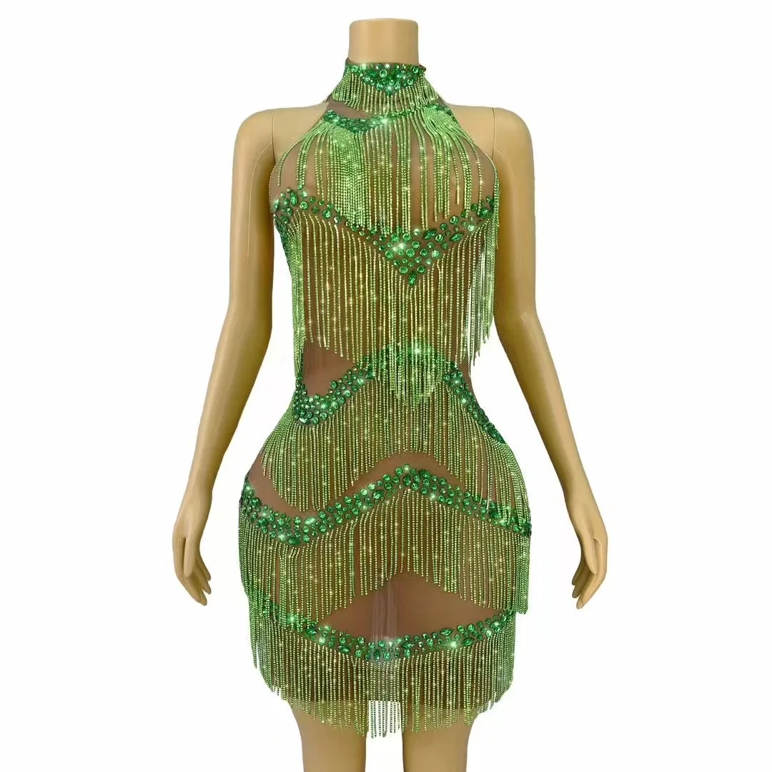 Sexy Luxury Shiny Green Rhinestone Chains Tassel Latin Mini Dress Women Evening Prom Birthday Party Dress Show Dance Stage Wear