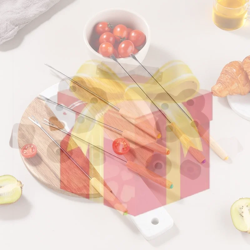 

6 Pcs Fondue Fork Grilling Set Muddler Reusable Fruit Forks Bbq Fork Dipping Plastic/Wood + Stainless Steel For Cocktails Set