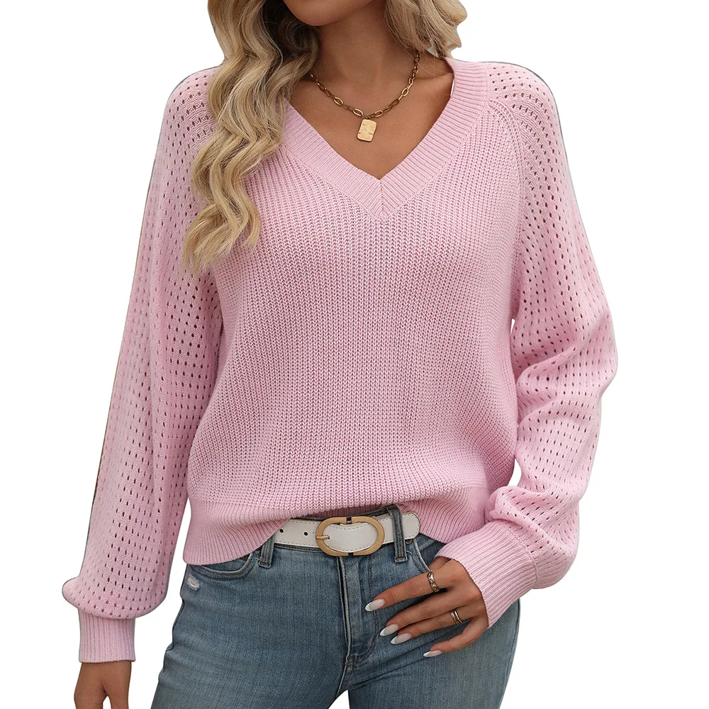 Women\'s Long Sleeve Tops 2024 Spring Autumn New Female Knitted Pullovers Hollow V-neck Sweater For Women Casual Knitwears Tops