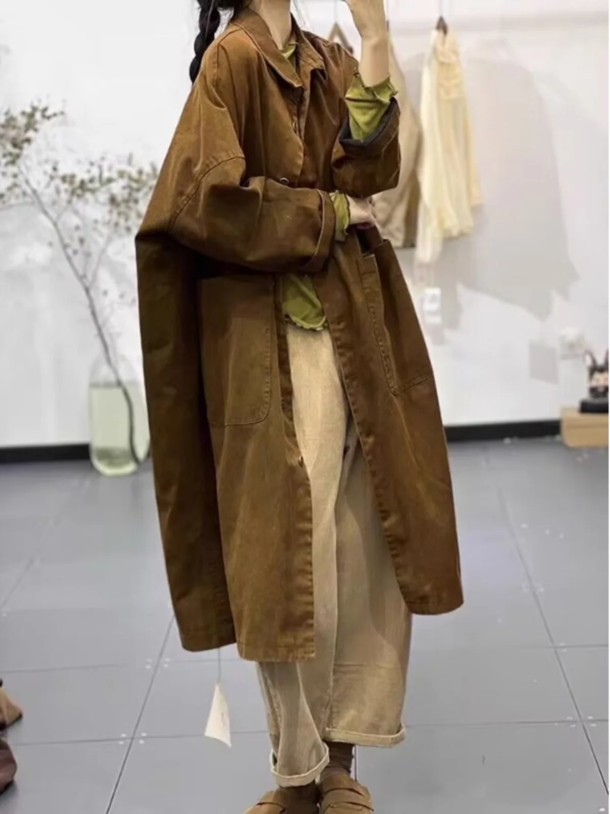 

Faionable негабаритная женская ветровка средней длины, винтажная рабочая одежда, джатовый воротник, длинный све, однотонный цвет