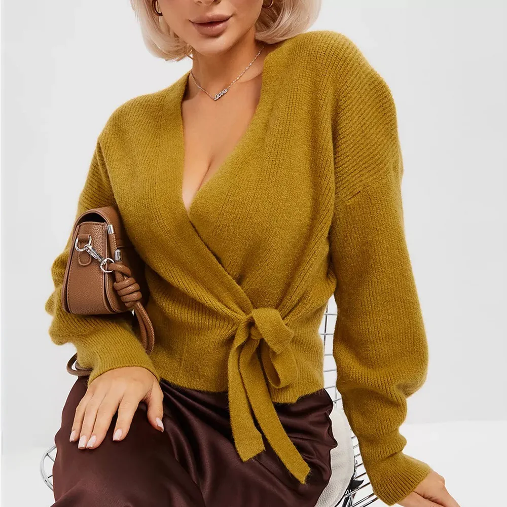 Suéter de punto de viento suave para mujer, abrigo con lazo, manga larga, holgado, versátil, a la moda, Top con cuello tipo Polo sin mangas