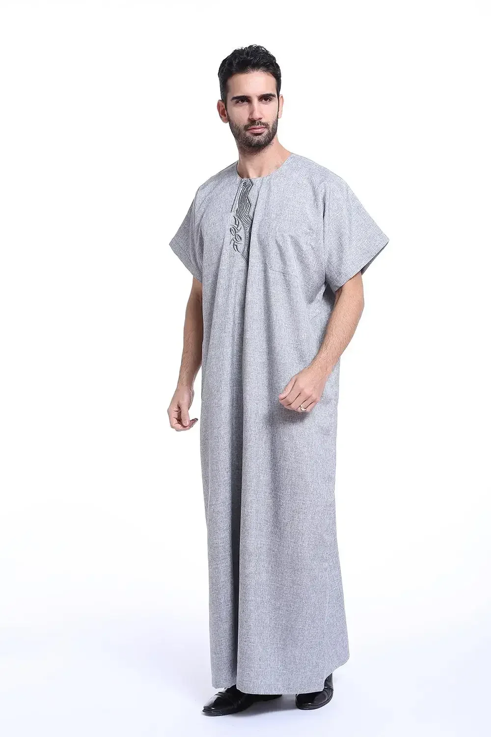 Islam Men Short Sleeve Robes Dress O-Neck Muslim Arabic Turkey Jubbe Thobe Saudi Arab Traditional Kaftan Abaya Dubai Eid Ramadan