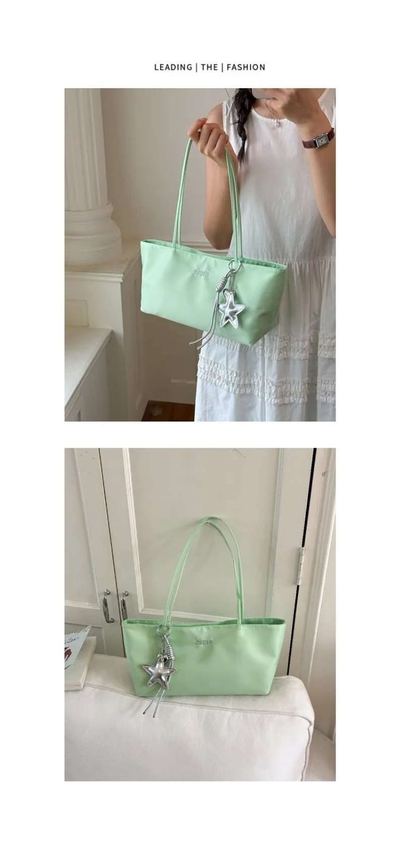 CEEKAY Minimalistische Handtasche aus massivem Nylon, zwei Tragemöglichkeiten, Metall-Sternanhänger, für Mädchen, vielseitig einsetzbar, frische, tägliche Unterarm-Umhängetasche – Detail 8