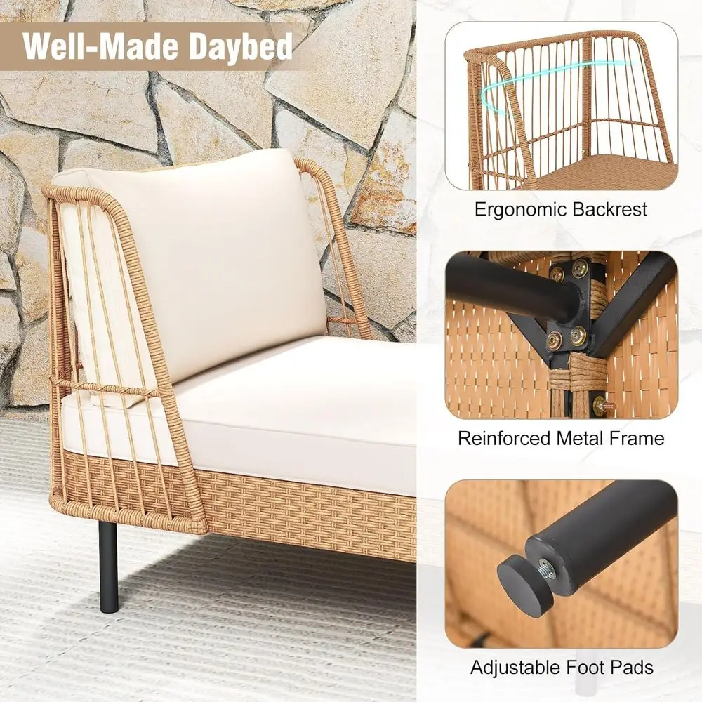 2-Seat Outdoor Wicker Daybed with Cushions, Metal Legs, Perfect for Backyard, Porch, Poolside - view 6