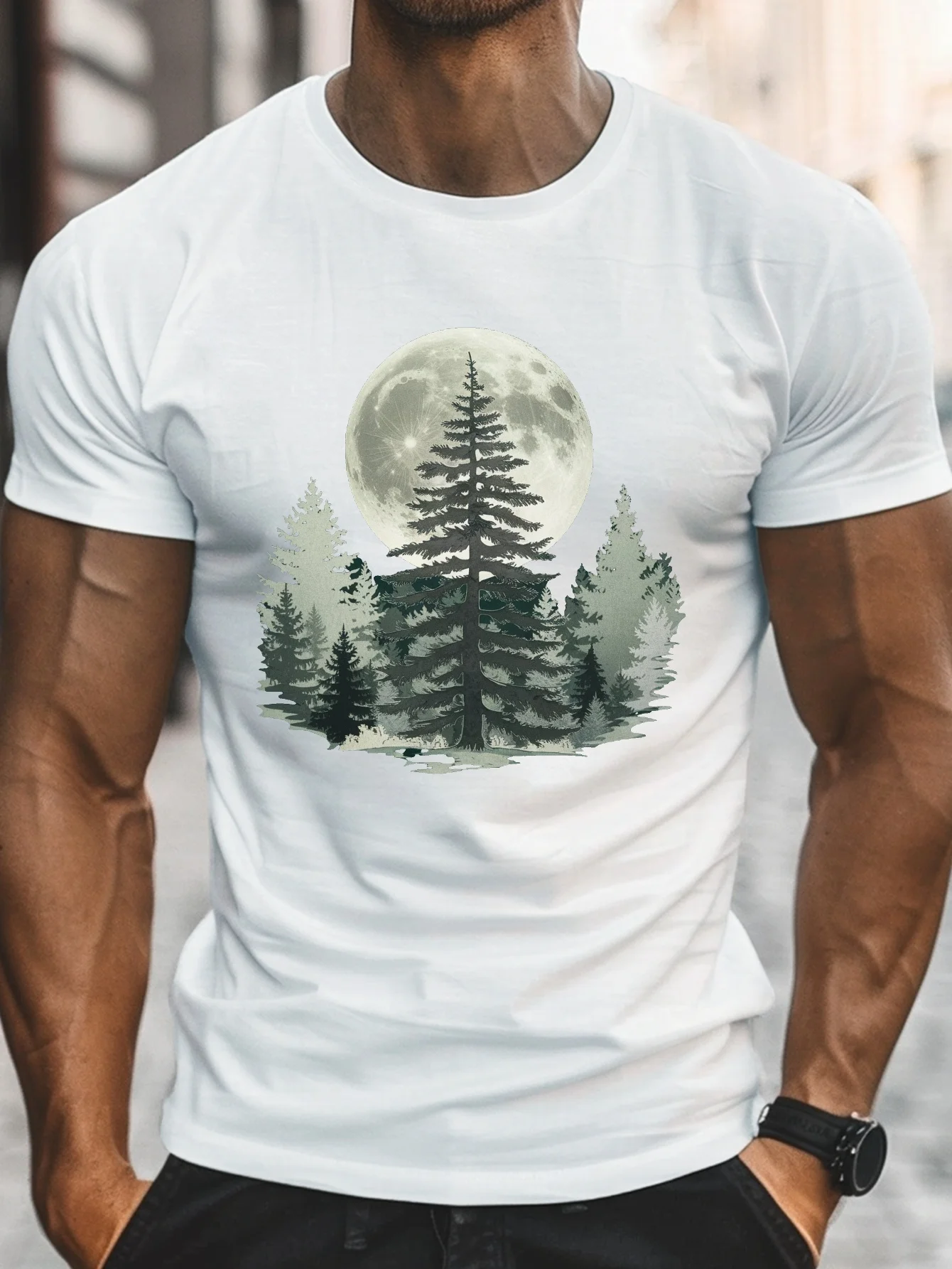 

Men'S Casual Crew Neck T-Shirt with Majestic Moon and Forest Print, 100% Polyester Knit Fabric