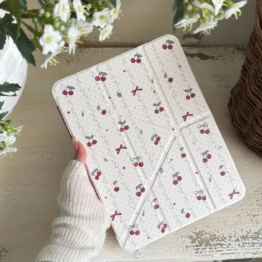 Vintage Vine Red Cherry Bow knot For iPad Air 13 Case iPad 7 8 9 10 11 A16 Cover iPad Pro 4 5 10.9 12.9 inch M3 M4 Pencil Holder