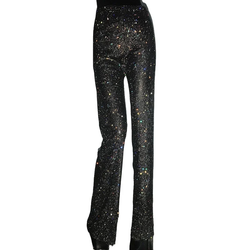 Pantalon décontracté à jambe droite pour filles, pantalon à jambe large, célébrité du réseau, tendance de la mode, filet de pêche au diamant,