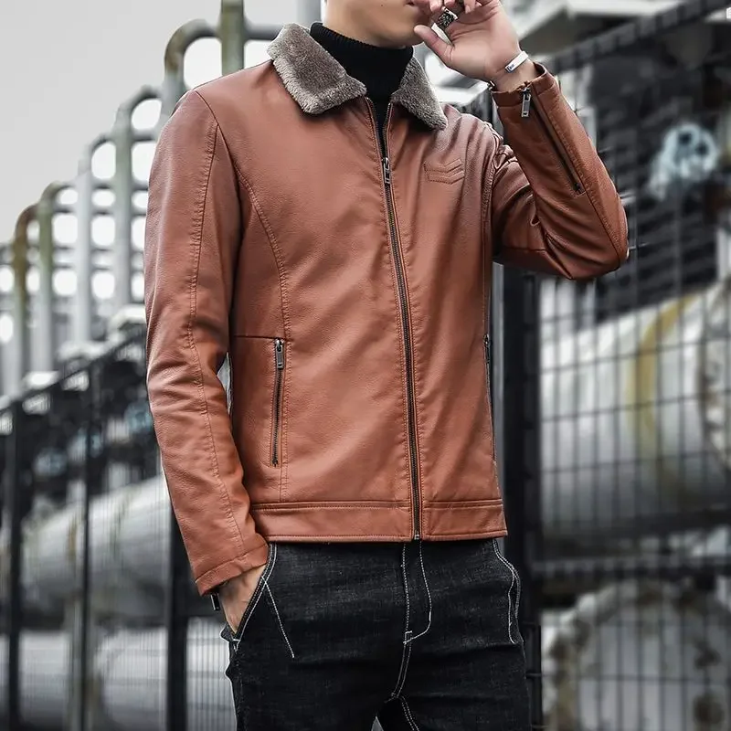 

Slim-Fit Leather Coat Winter Men Fleece-Lined Thicken Casual Lapel Leather Jacket Male FashionSolid Color Large Size Outwear