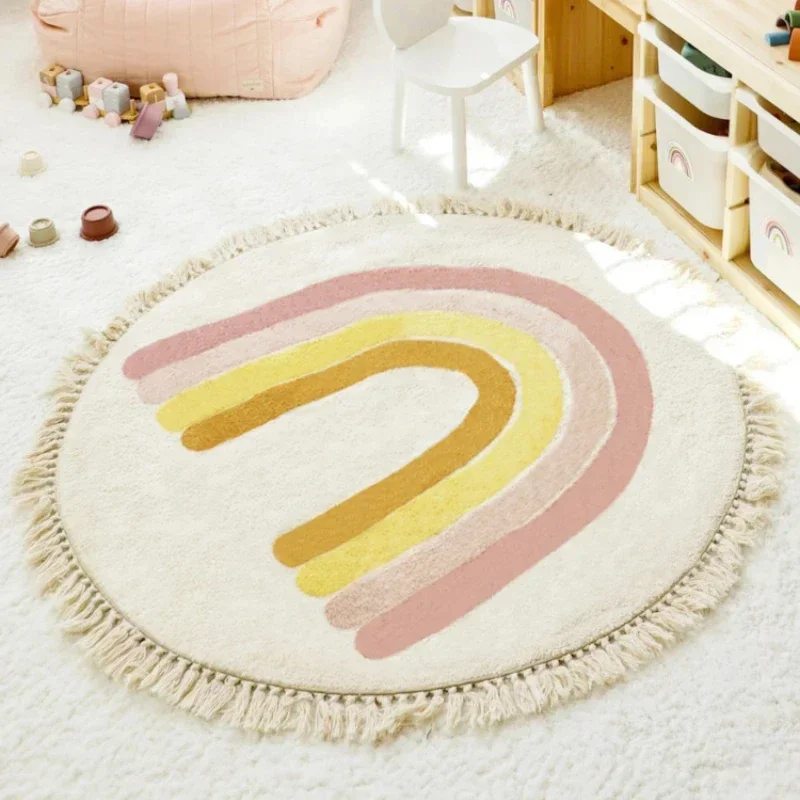 

Machine Washable Tassel Carpet, Round Cartoon Rainbow, Children Bedroom Fluffy Rug, Home Decoration, Creativity, No Crease Mat