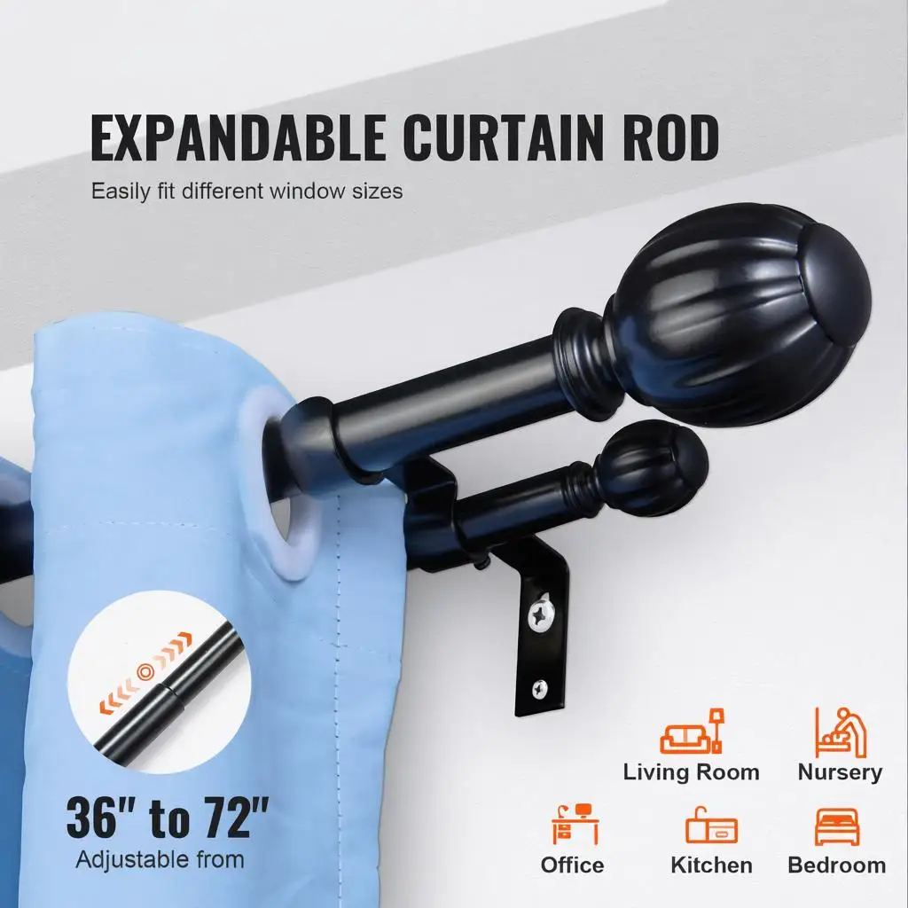 

Double Rod Curtain Rods, 36-72 inches(3-6ft) Adjustable Length, Black Double Curtain Rods with Round Finials, 1" and 3/4" Dia