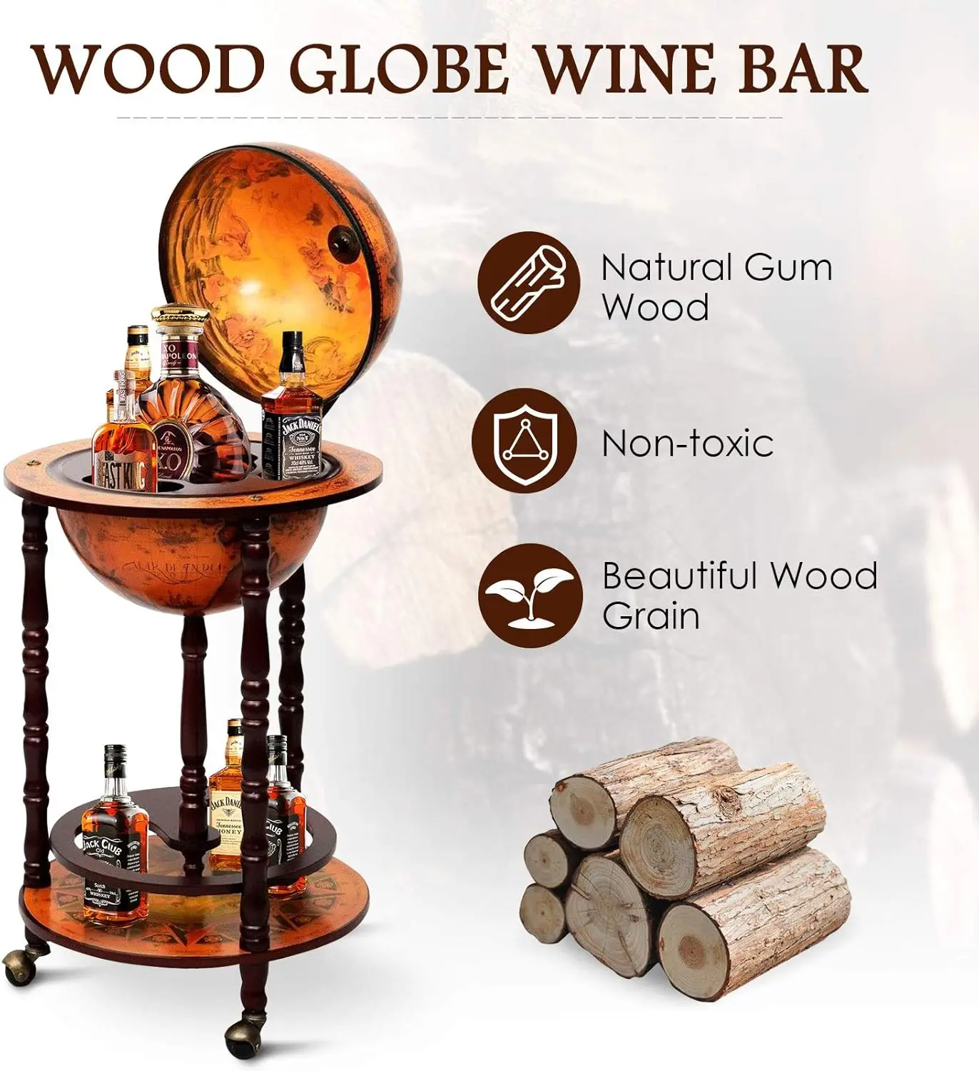 Wijnbarstandaard 16e-eeuwse Italiaanse houten bolrek Drankflessenplank met wielen, 17'' (retro bruin)