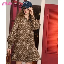 ELFSACK 2024 Autumn New Arrive Palace style puff sleeves full print small size pleated shirt dress for women