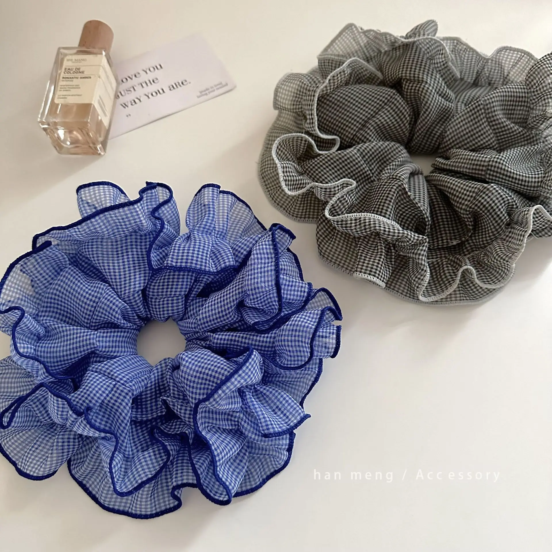 1pc Korean style blue-gray plaid lace hair tie, elegant and simple, fluffy bun ring, large hair rope for the back of the head - Image 2