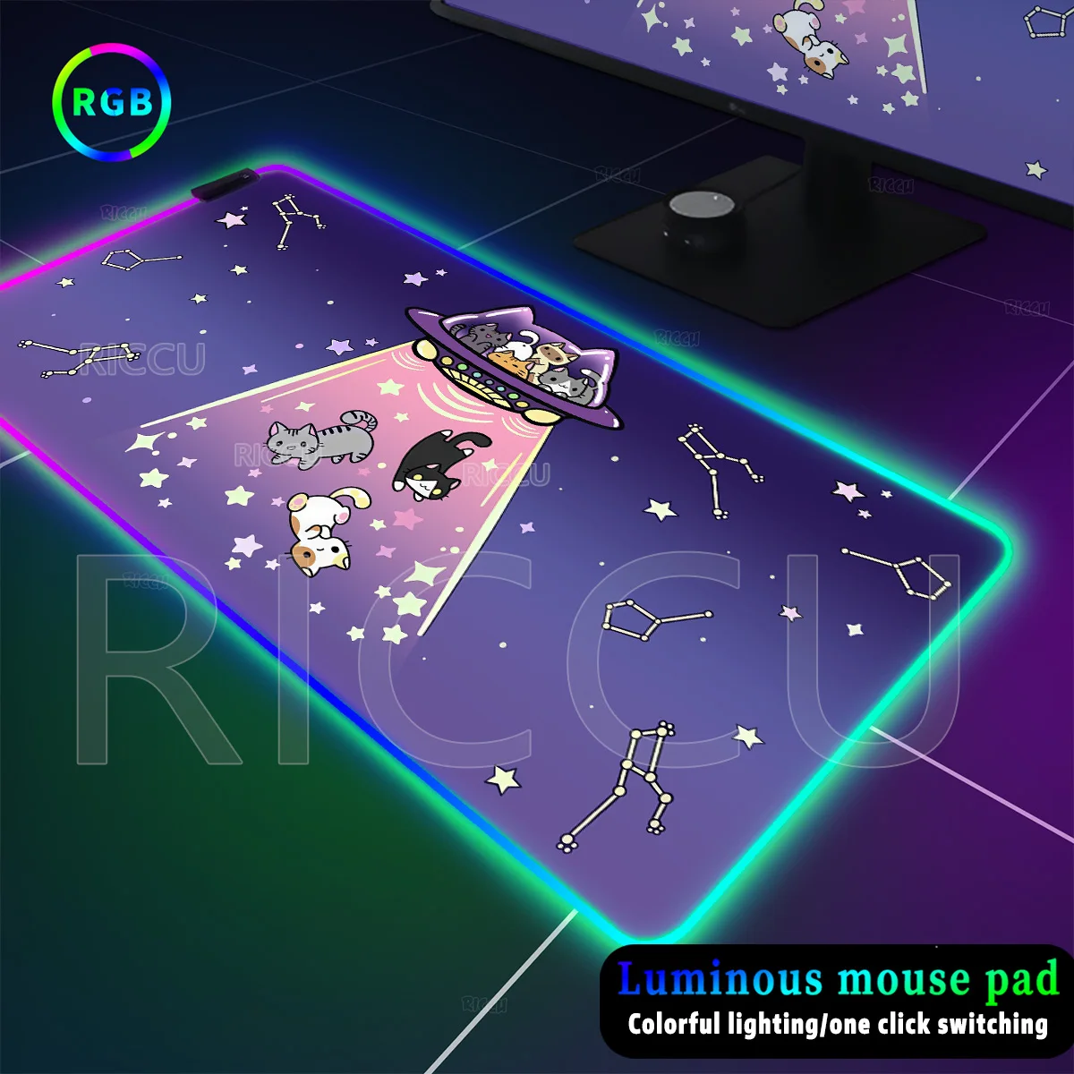 

RGB Kawaii Purple Cat Star People Mouse Pad XXL PC Gaming Non-slip Emit Light Laptop Desk Mat Large Gamer Keyboard Expansion Pad