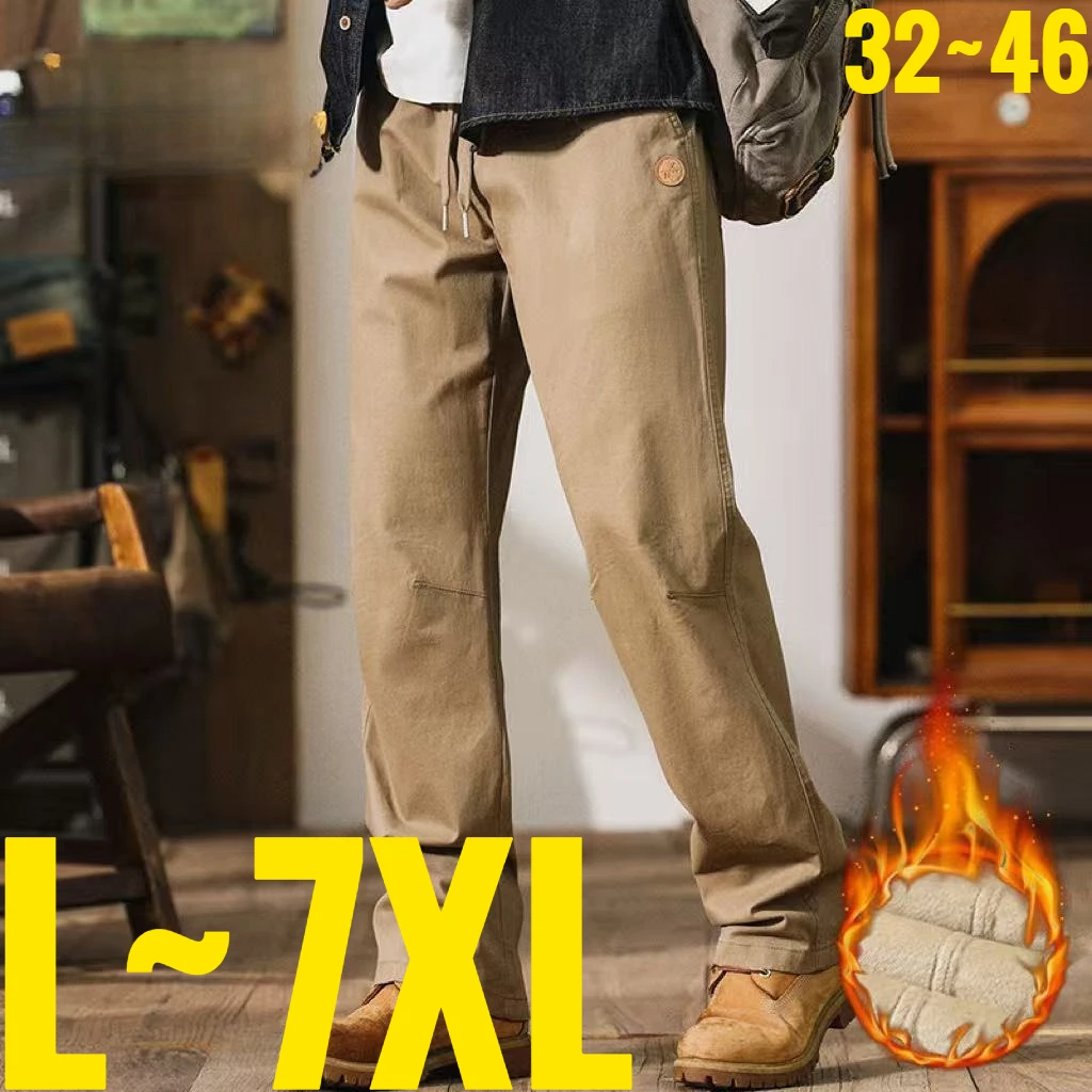 

Big Size 44 46 Men's Winter Pant Straight Leg Cargo Trouser Male Cotton Stretch Plus Large Fleece Lined Elastic Waist Thick Warm