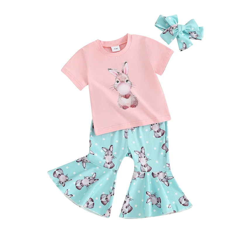 Baby Girls Easter Outfit Bunny Print Short Sleeve T-shirt with Flare Pants Headband Clothing Set