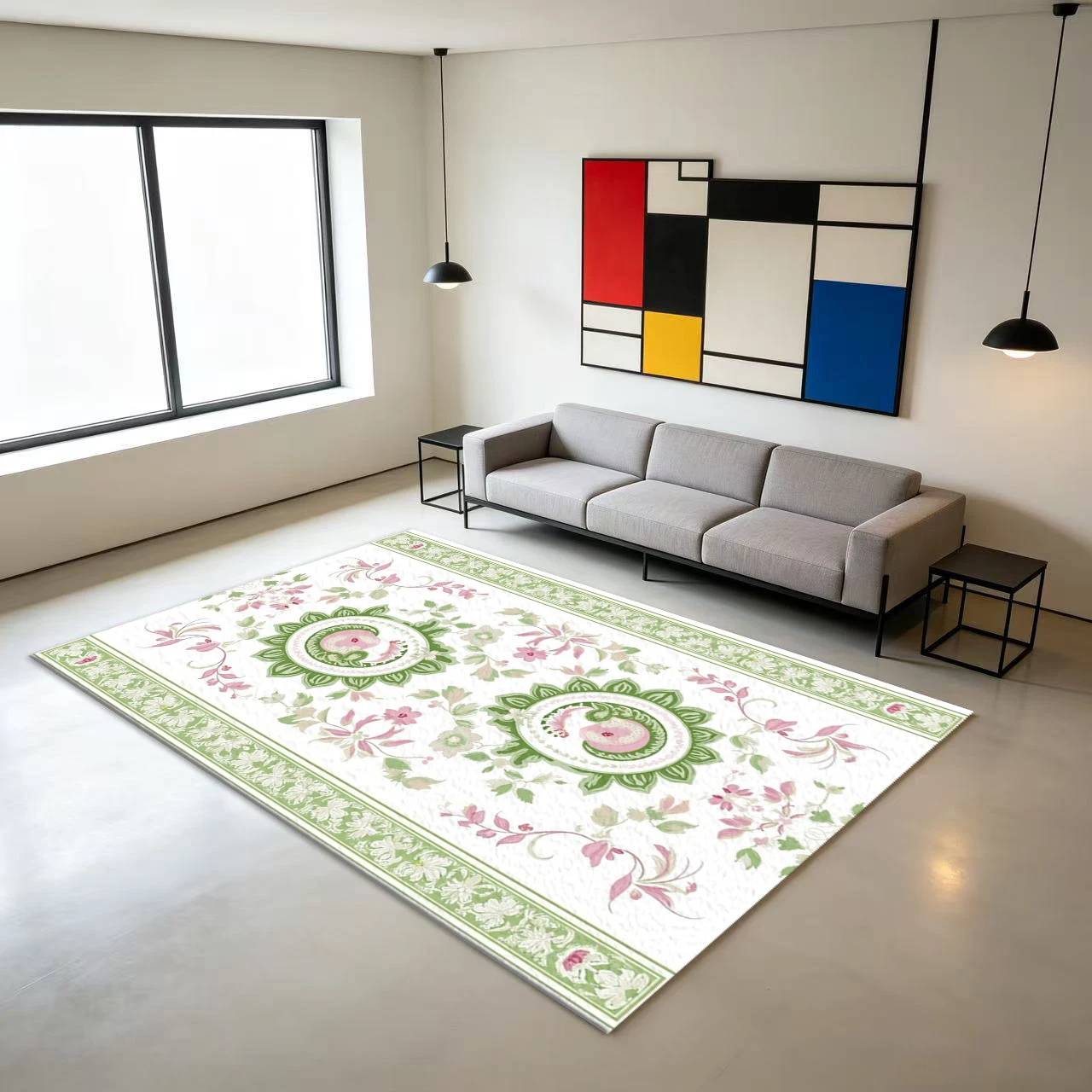 Green and Pink Vintage Floral Pattern Border Carpet Floor Decoration Elegant European-Style Printed Carpet Non-Slip Floor Mat Suitable for Home Interior Decoration
