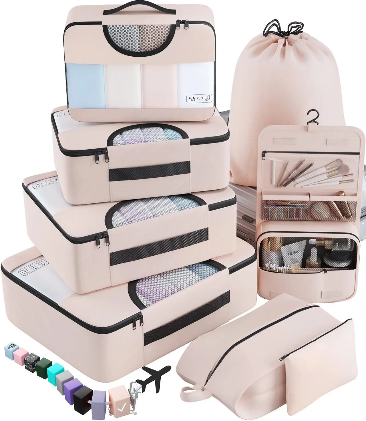 

8 Set Packing Cubes for Travel, Luggage Organizer with Hanging Toiletry Bag & Laundry Bag, Cream