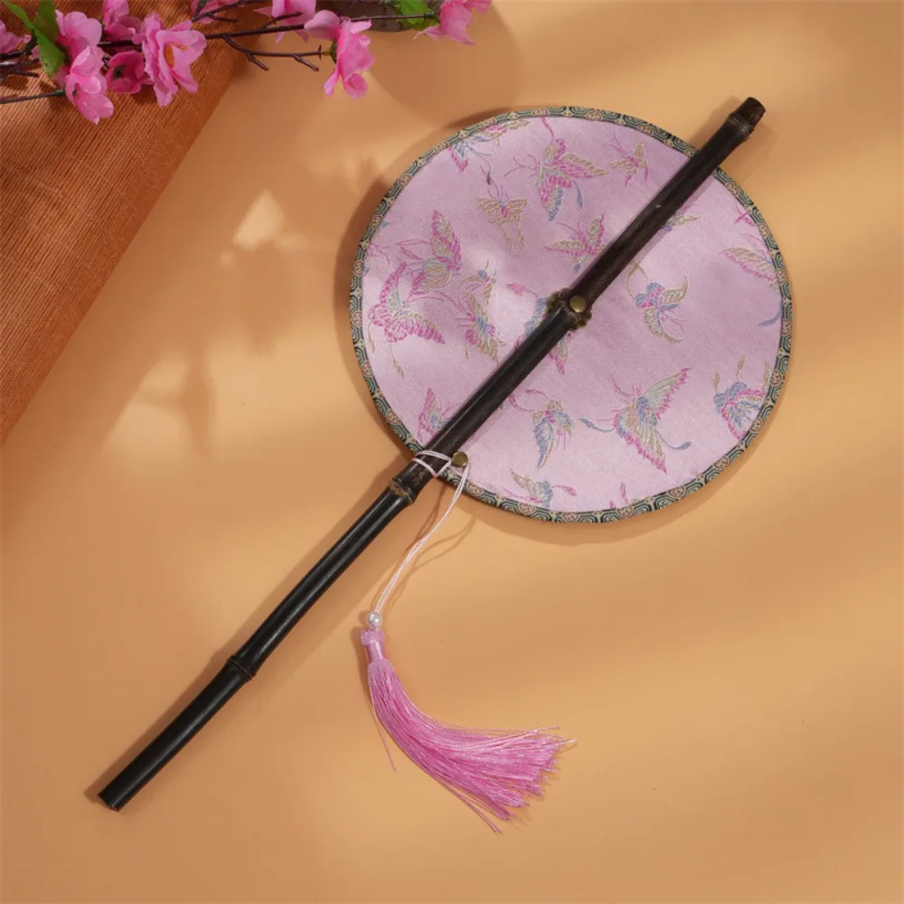 Portable Ancient Style Chinese Bamboo Waist Fan Rollable Rotatable Long Handle Fan with Tassel Foldable Group Fan for Summer