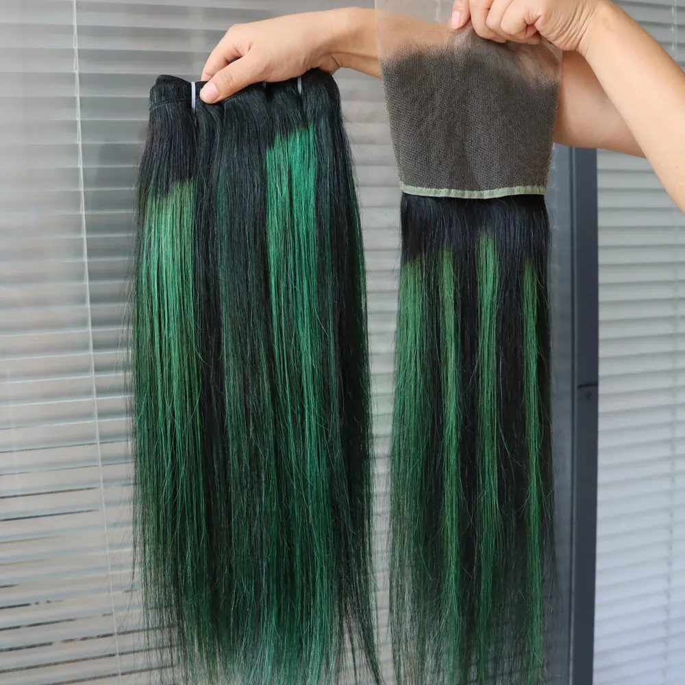 الجملة لحمة شعر بشري هندي و 4x4 5x5 13x4 13x6 الدانتيل إغلاق أمامي عذراء ريمي تسليط الضوء على البيانو اللون 1B الأخضر كامل الرأس