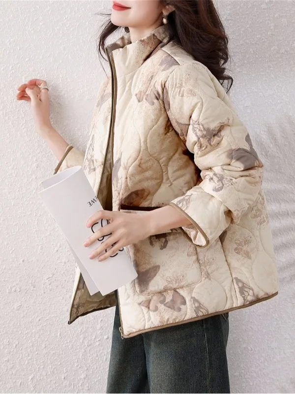 Plus Size Damen Retro Adient Stehkragen Baumwolle Jaet ort Oberbekleidung Thiened Warm Winter Faionable All-Match Mantel