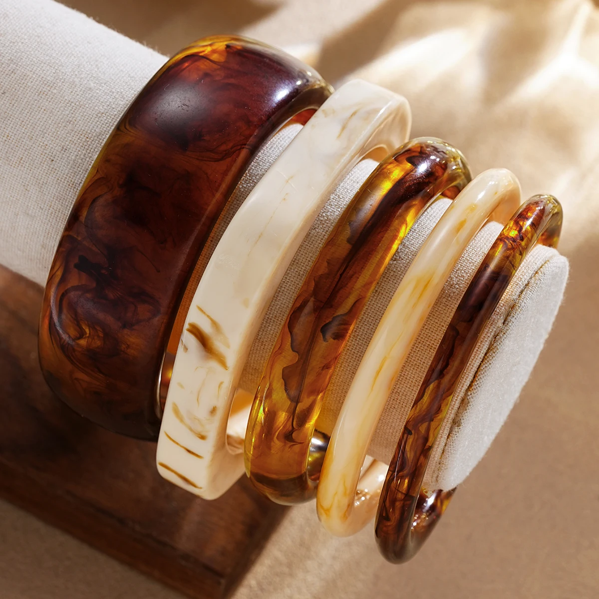 5Pcs Irregular Acrylic Bangle Set for Women Boho Vintage Brown Ivory Chunky Resin Bracelets Vintage Stackable Statement Jewelry - view 4