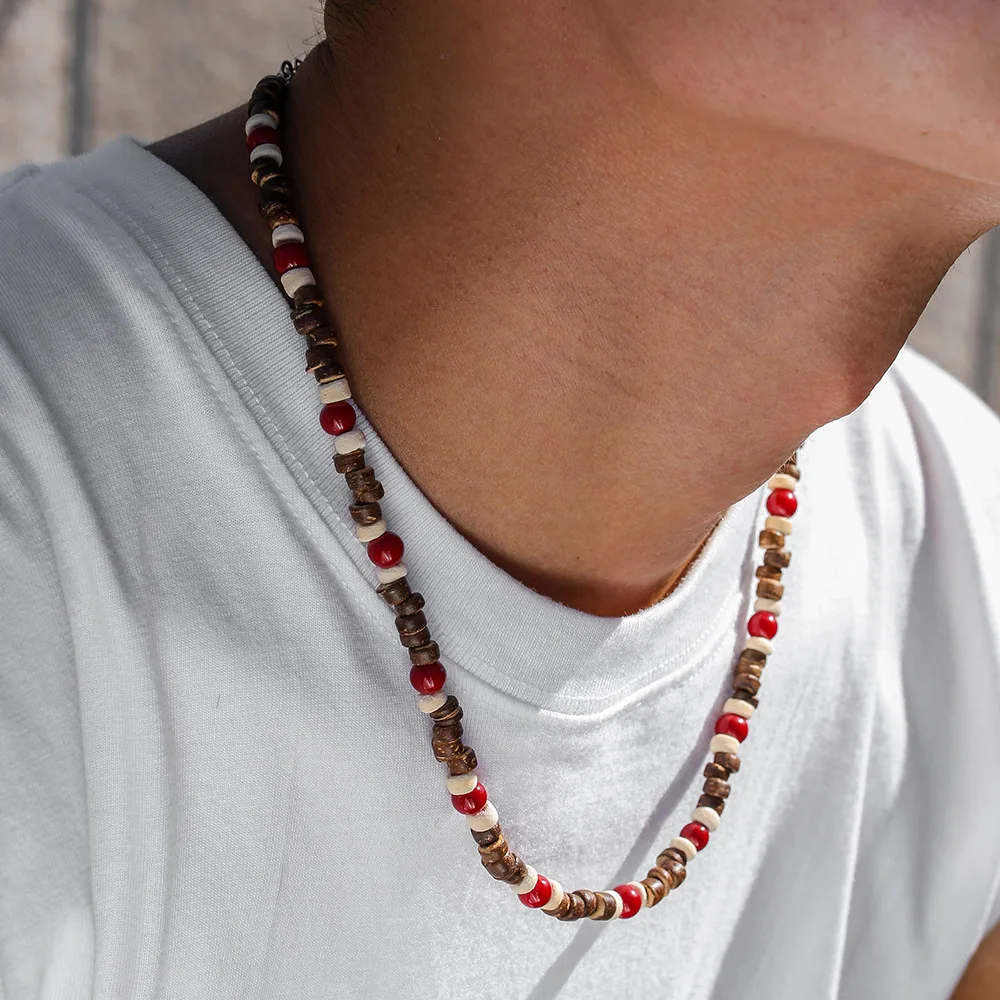 Böhmische Patchwork-Halskette aus roten Holzperlen und Kokosnussschalen für Männer, Hip-Hop, handgefertigter Choker, Retro-Schmuck, Modeaccessoire – Detail 2