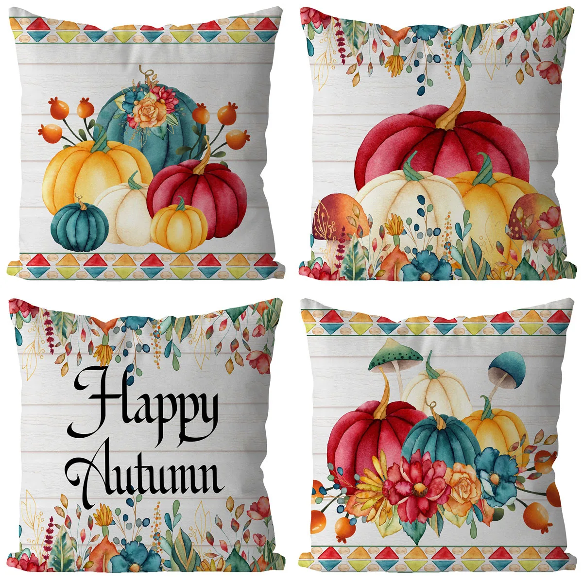 

Pillowcase Watercolor Pumpkin Autumn Harvest Festival Printed Short Plush Cushion Cover Pillowcover