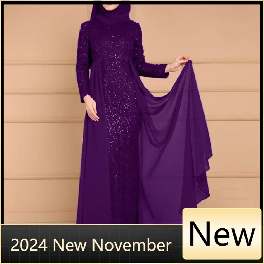 

2024 Women's Muslim Fashion Sequins Modest Dress Large Size Muslim Hijab Dress Long Sleeve Saudi Arabia Abayas For Femme Robe